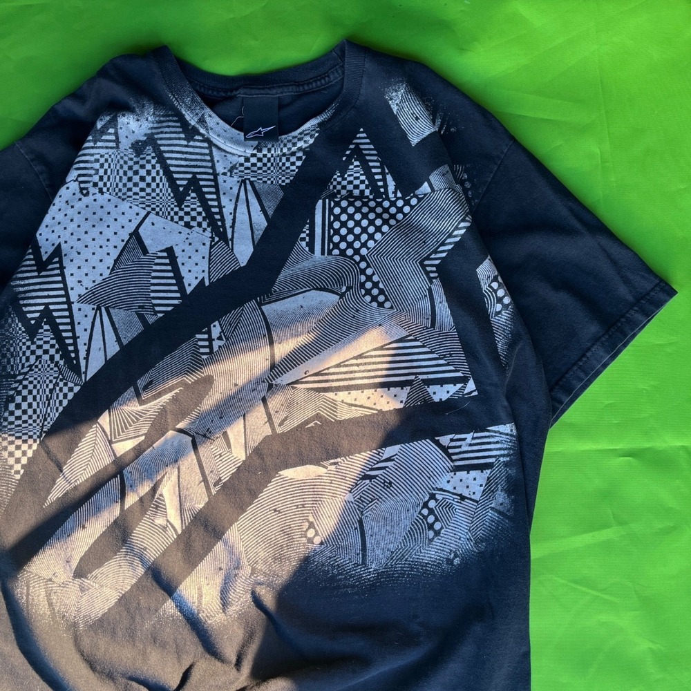 Large 90s Y2K Alpinestars Black Graphic T Shirt Vtg Abstract‎ Print Short Sleeve
